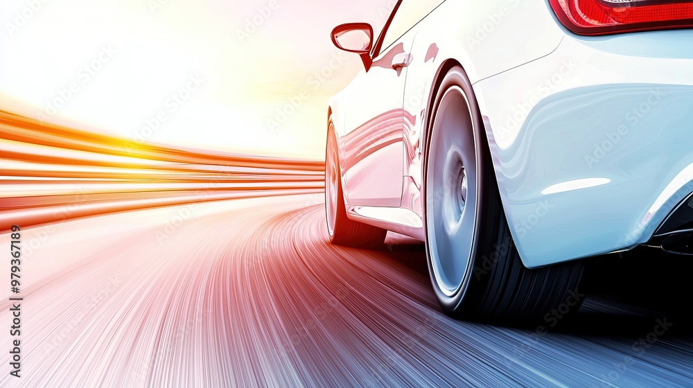 Fototapeta premium Dynamic White Car on Road at Sunset