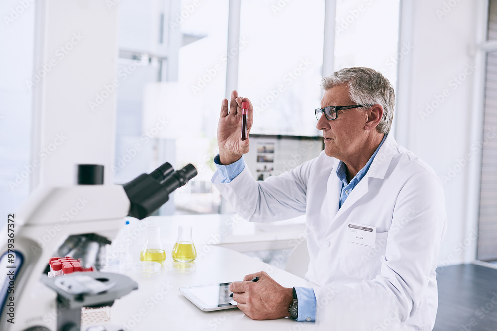 Blood sample, tablet and science with person in laboratory at desk for breakthrough, innovation or research. Discovery, DNA and pharmaceuticals with mature scientist at work on clinical trial