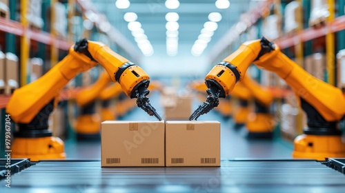 Automated robots handling packages in a modern warehouse, showcasing advanced technology and efficiency in logistics operations.