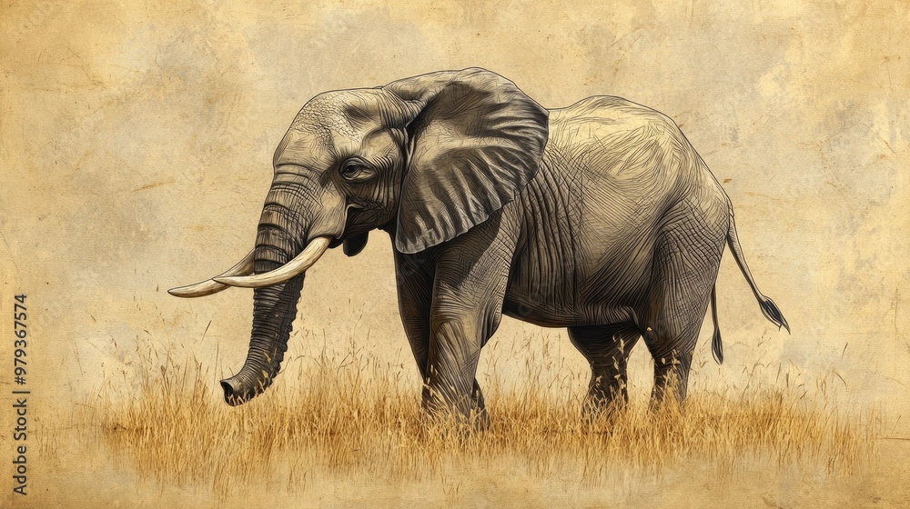 Fototapeta premium A detailed elephant illustration on faded vintage paper, creating a timeless, artistic wildlife scene.