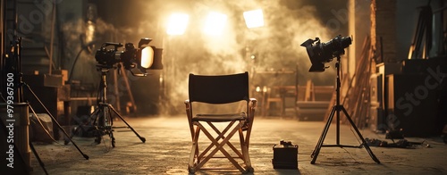 Empty Film Set with Director's Chair and Camera - AI generated illustration