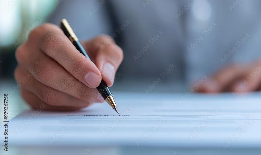 Close-up of a hand writing with a pen on a blank paper, symbolizing creativity and productivity in a professional setting. Close-up of a hand writing with a pen on a blank paper, symbolizing creativity and productivity in a professional setting.