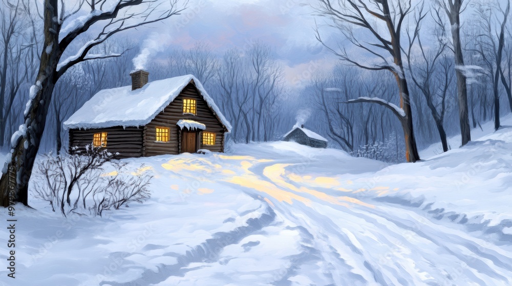 A painting of a snowy scene with two small houses in the distance, AI A painting of a snowy scene with two small houses in the distance, AI