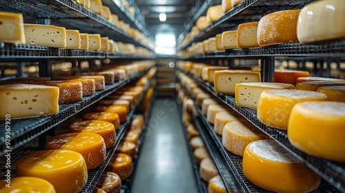 Shelves filled with cheese wheels aging in a cheese factory photo