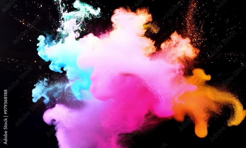 Explosion of bright colorful paint on black background, burst of multicolored powder, with shimmering sparkles Explosion of bright colorful paint on black background, burst of multicolored powder, with shimmering sparkles