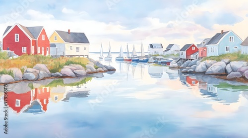 Brightly hued houses lining a tranquil coast, reflected in calm waters, sailboats gliding by under a soft watercolor sky, serene and picturesque photo