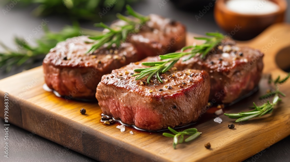 Juicy steak fillets garnished with fresh herbs on a wooden cutting board during a rustic kitchen background. Juicy steak fillets garnished with fresh herbs on a wooden cutting board during a rustic kitchen background.