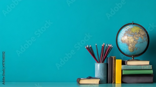 Wallpaper Mural Globe, Books, and School Supplies on Table with Blue Wall Background - AI generated illustration Torontodigital.ca