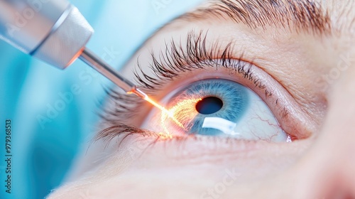 Close-up of an eye during laser surgery, showcasing precision treatment for vision correction and advanced medical technology.