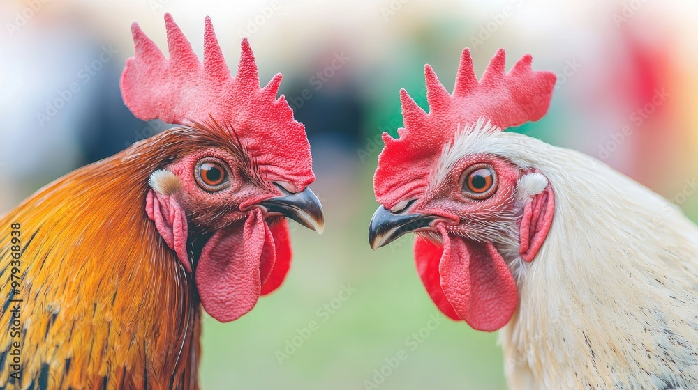 Fototapeta premium Close-up of two colorful roosters showcasing their vibrant feathers and distinctive combs in a lively outdoor setting.