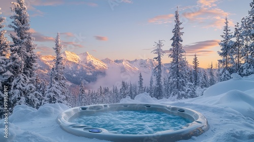 A tranquil hot tub sits invitingly in a snowy area, with majestic mountains and tall pine trees in the background, creating a serene winter atmosphere at sunset