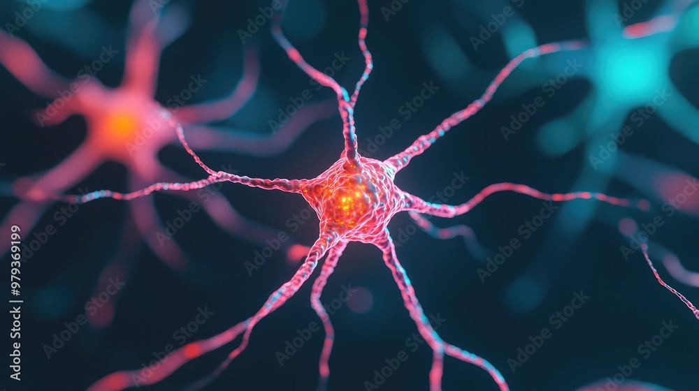 Close-up view of neurons showcasing vibrant colors and intricate structures, representing the complexity of the nervous system. Close-up view of neurons showcasing vibrant colors and intricate structures, representing the complexity of the nervous system.