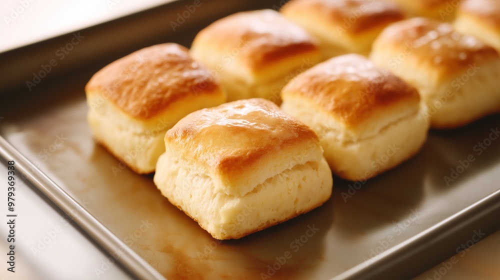 Freshly baked fluffy biscuits cooling on a metal tray in a warm kitchen setting during the morning. Freshly baked fluffy biscuits cooling on a metal tray in a warm kitchen setting during the morning.