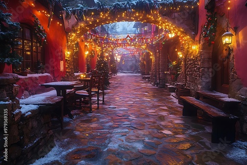 A cozy Christmas-decorated street in the evening with snow falling.