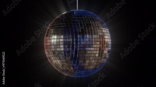 3D looping animation of the disco ball, alpha matte is included. Disco ball 3D animation in a seamless loop with alpha. On black for easy compositing.