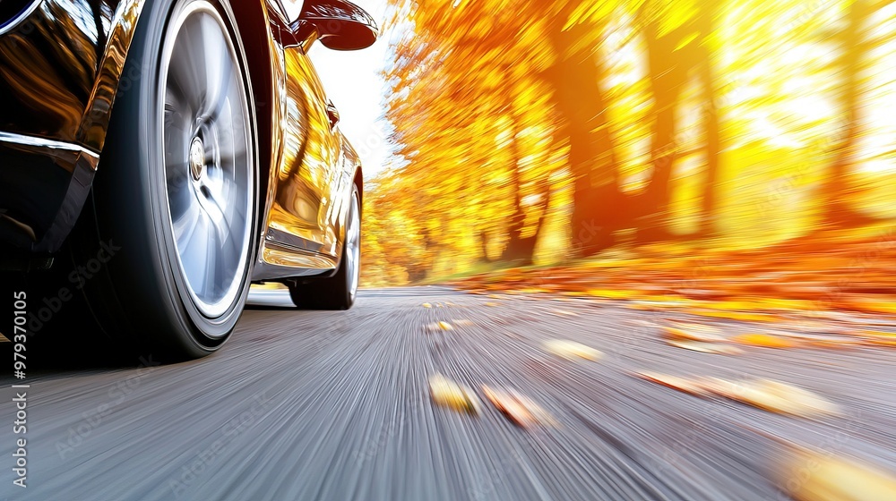 Naklejka premium Yellow Car Moving Down A Road