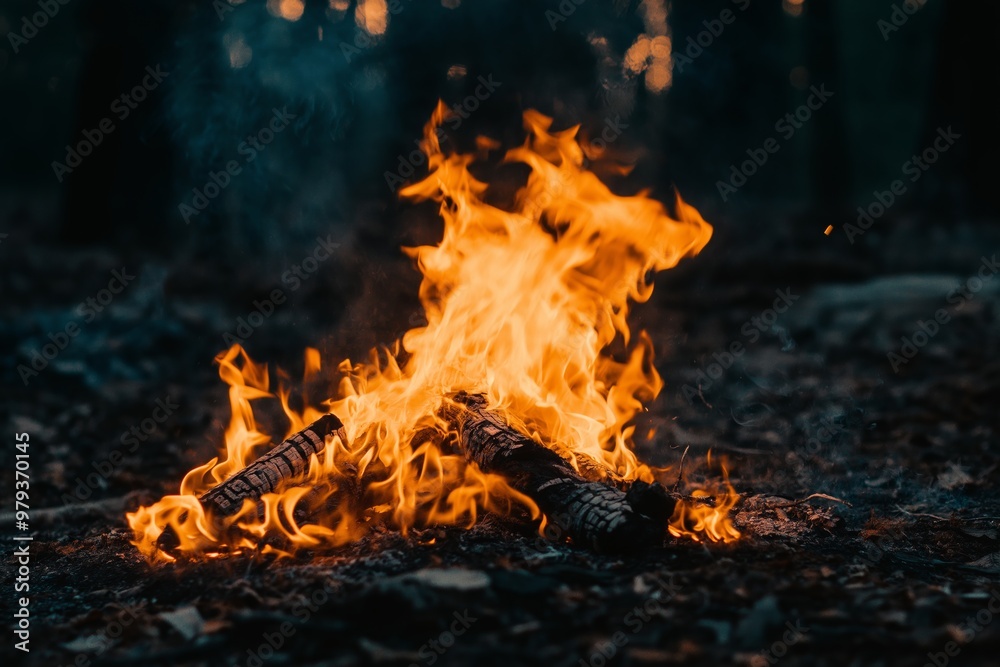 A fire is burning in the woods, with the flames reaching high into the air. The scene is dark and moody, with the fire casting an eerie glow on the surrounding area A fire is burning in the woods, with the flames reaching high into the air. The scene is dark and moody, with the fire casting an eerie glow on the surrounding area