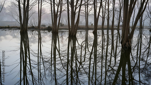 Trees from a pond Yamadaike in a winter morning Hirakata Osaka, Japan. The reflection is very impressive sunset background,