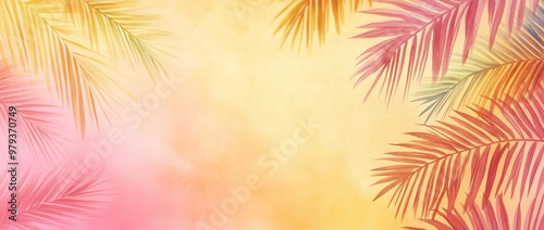 Tropical Plants on a Colorful Background with Palm Leaves, Summer Concept Banner with Copy Space -- AI generated illustration