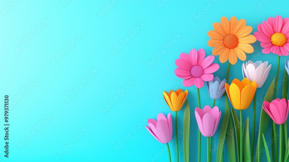 Vibrant and colorful flowers on a serene blue background, perfect for springtime themes and nature-inspired designs. Vibrant and colorful flowers on a serene blue background, perfect for springtime themes and nature-inspired designs.