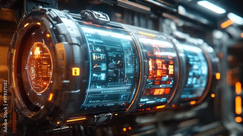 Futuristic data storage device with glowing interfaces and circuits.