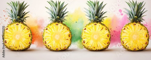 Vibrant pineapple slices displayed with colorful splashes, perfect for summer themes, tropical decor, or healthy recipes.