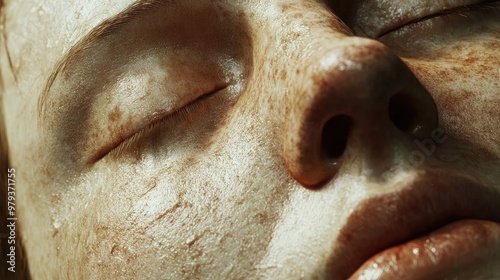 Close-up of a serene face with closed eyes, showcasing natural skin texture and details, evoking tranquility and beauty.