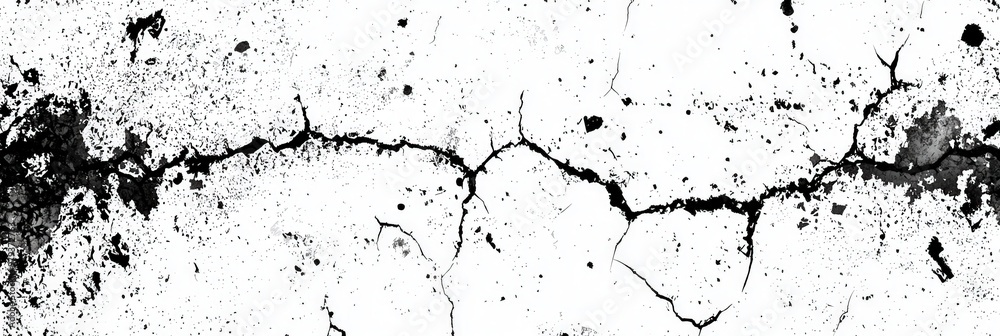 Fototapeta premium A textured surface displays a network of bold black cracks against a stark white backdrop, creating an intriguing abstract composition rich in detail