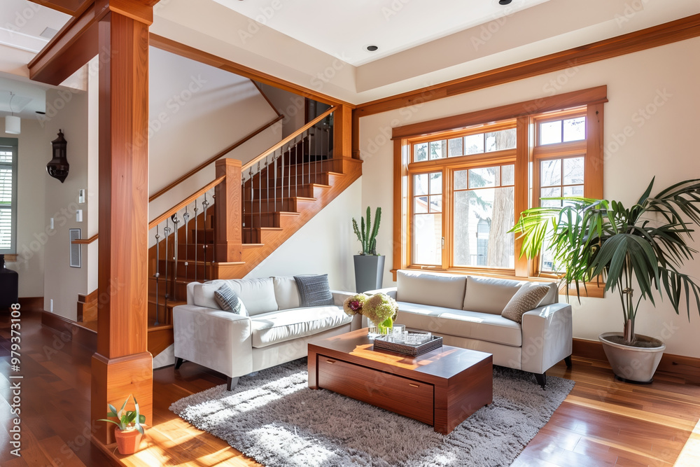 Fototapeta premium Elegant living room with wooden accents, cozy seating, and large windows, featuring a modern staircase and natural light for a warm and inviting atmosphere