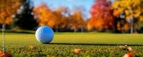 Golf ball on the green of a picturesque autumn course, capturing the tranquility of fall sports, golf course autumn