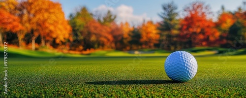 Obraz na płótnie Golf ball on the green of a picturesque autumn course, capturing the tranquility of fall sports, golf course autumn w salonie