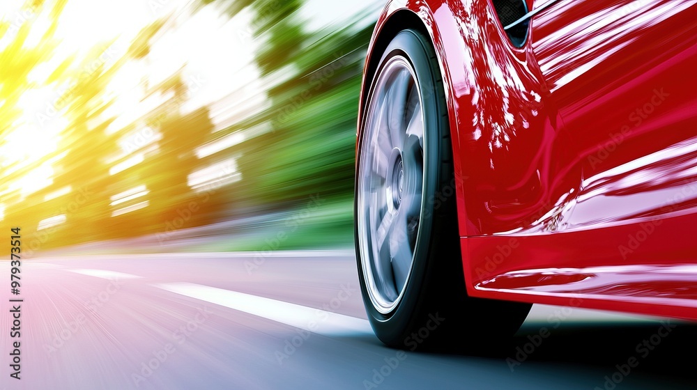 Red Car Cruises on Scenic Roadway
