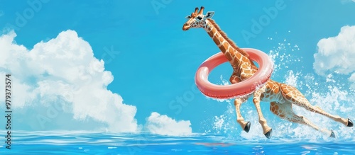 Giraffe leaping into a pool while wearing an inflatable ring photo