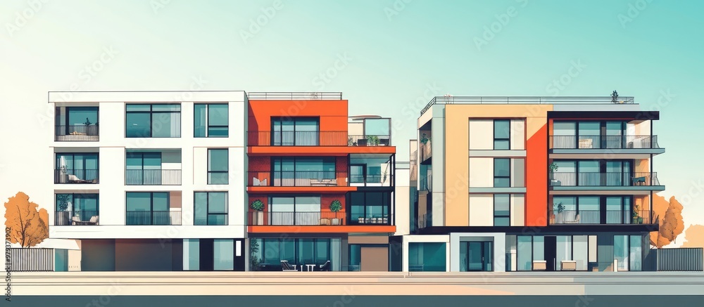 Modern apartment complex featuring windows balconies and outdoor amenities Contemporary design exemplifying mixed media architecture Modern apartment complex featuring windows balconies and outdoor amenities Contemporary design exemplifying mixed media architecture