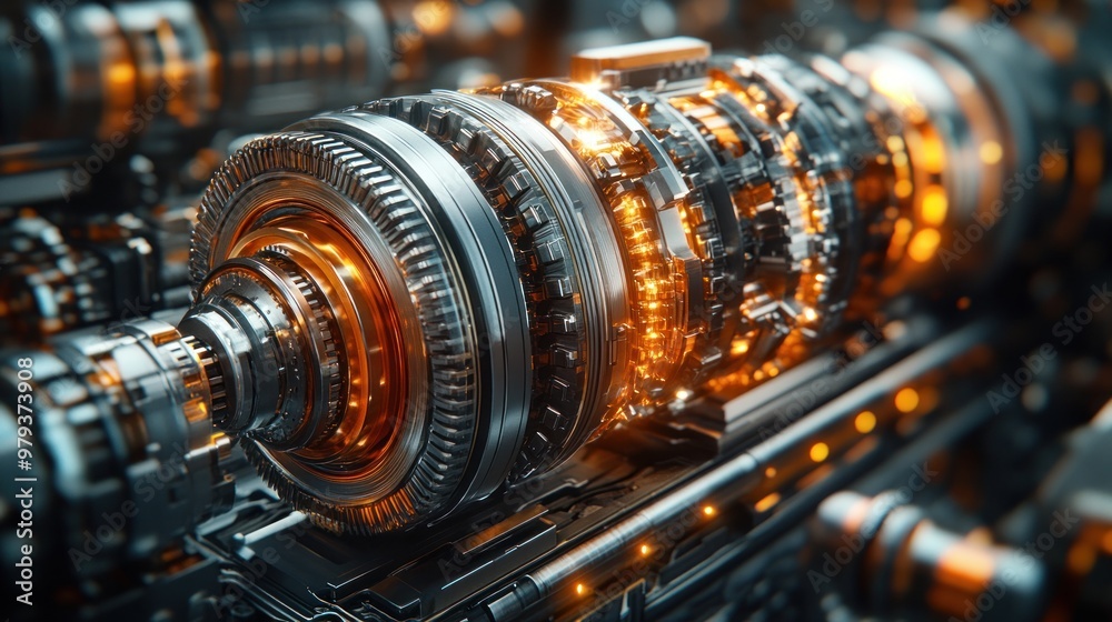 Close-up of a futuristic mechanical component with glowing elements. Close-up of a futuristic mechanical component with glowing elements.