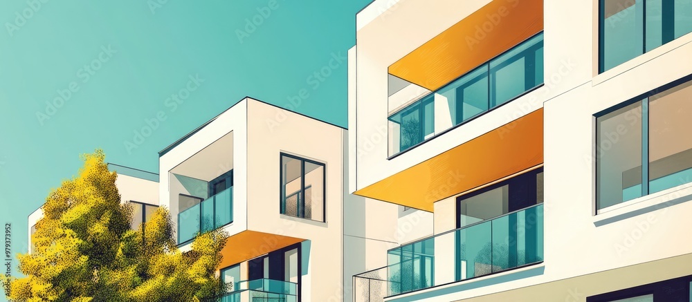 New apartment buildings featuring windows and balconies A contemporary residential complex with outdoor amenities Mixed media representation New apartment buildings featuring windows and balconies A contemporary residential complex with outdoor amenities Mixed media representation