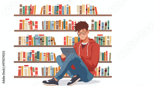 Teenage Boy with Tablet in Library Flat Vector Isolated