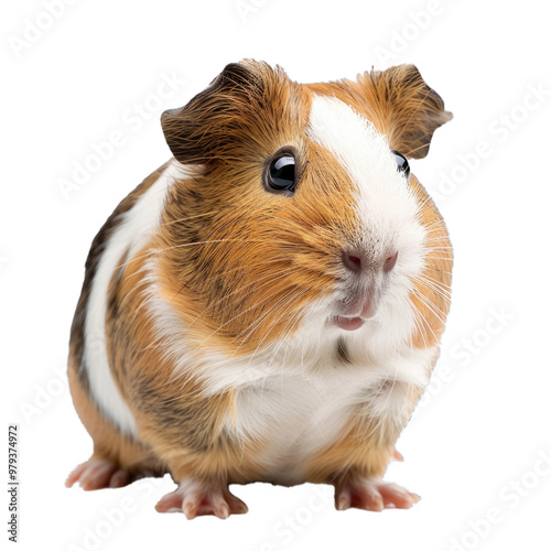 Brown and white guinea pig sitting and looking to the side