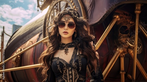 A beautiful young Thai-Russia idol girl in elaborate steampunk attire stands confidently with a vintage airship as a backdrop. 