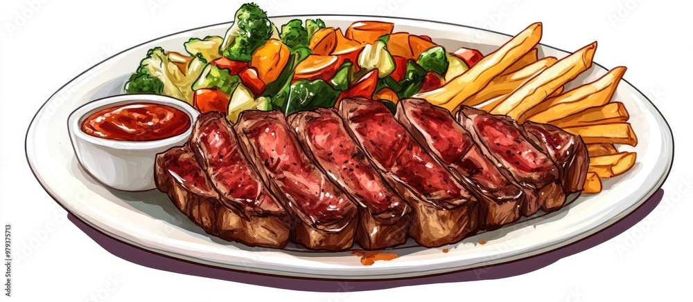 A gourmet plate featuring wagyu steak accompanied by sauce fries and a variety of mixed vegetables A gourmet plate featuring wagyu steak accompanied by sauce fries and a variety of mixed vegetables