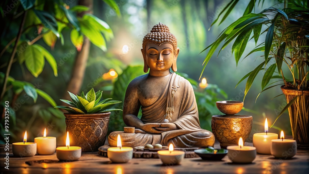 Serenely lit Buddha statue surrounded by calming candles, incense, and lush greenery, evoking a sense of peaceful contemplation and harmony in a natural setting. Serenely lit Buddha statue surrounded by calming candles, incense, and lush greenery, evoking a sense of peaceful contemplation and harmony in a natural setting.