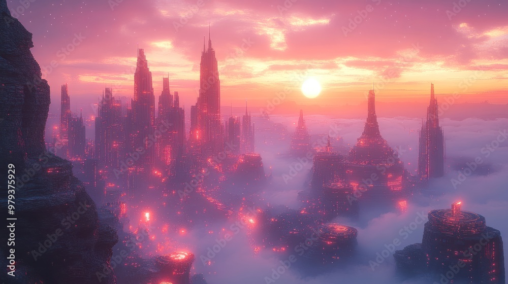 Obraz premium A mystical cityscape at sunset, shrouded in mist and glowing lights.