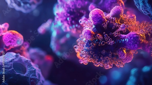 Abstract visualization of virus particles in vibrant colors, representing microscopic life and scientific exploration.