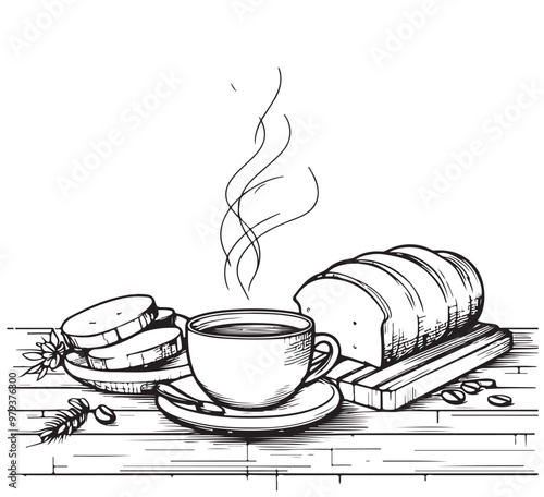 Coffee cup and bread drawing crispy engraving retro style, sketch