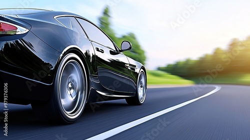 Sleek Black Car on Serene Highway