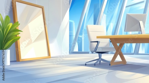 A desk with a chair and plant in an office, AI