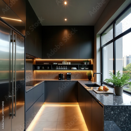 Wallpaper Mural In a sleek, contemporary home, a stunning modern minimalist kitchen comes to life, showcasing a flawless blend of polished stainless steel and granite surfaces. Torontodigital.ca