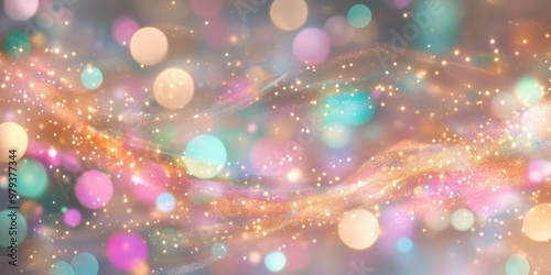 Sparkling Multicolored Light Waves. Abstract digital image featuring sparkling multicolored light waves on a blurred background, creating a dreamy and dynamic visual effect.