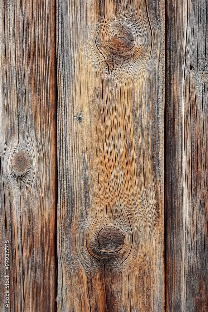 Obraz premium A detailed view of weathered wooden planks with prominent knots and textured grains. Excellent for rustic designs.