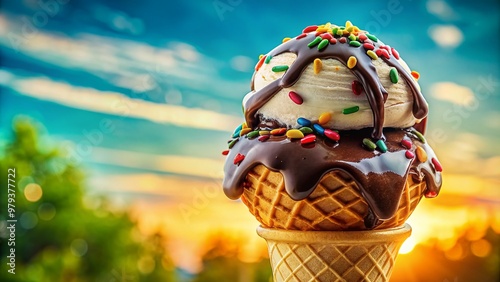 Colorful scoop of creamy ice cream stacked high on a waffle cone, drizzled with chocolate sauce and sprinkles, against a bright summer background. photo